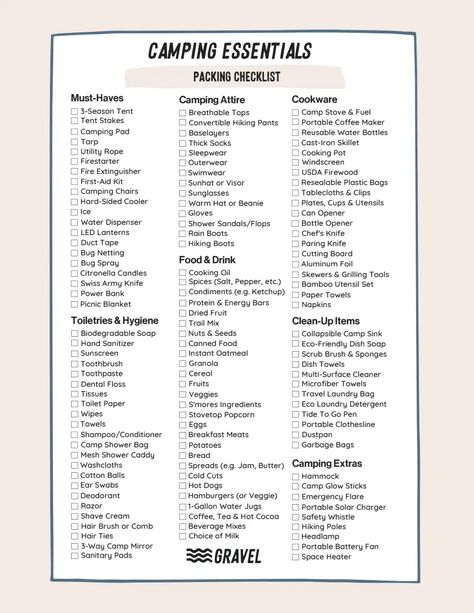 Gravel Camping Packing List.pdf Pack For Cabin Trip, Overnight Camping Packing List, Camping Must Haves Packing Lists, Things To Take Camping, Packing List Free Printable, Camping Equipment List, Tent Camping Checklist, Camping Checklist Printable, Camping Attire