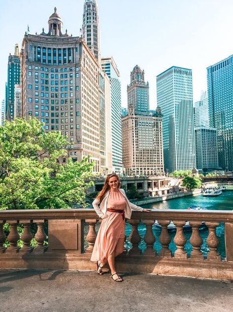 girl standing in front of Chicago Riverwalk Chicago Photography Locations, Flamingo Mural, Pictures In Chicago, Willis Tower Chicago, Pizza Chicago, Best Places To Take Pictures, Chicago Theatre, Places To Take Pictures, Chicago Vacation