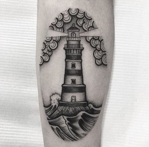 Lighthouse Tattoo Meaning, Traditional Lighthouse Tattoo, Lighthouse Tattoos, Nautical Tattoo Sleeve, Traditional Tattoo Inspiration, Simple Tattoos For Guys, Lighthouse Tattoo, Tattoo Meanings, One Piece Tattoos