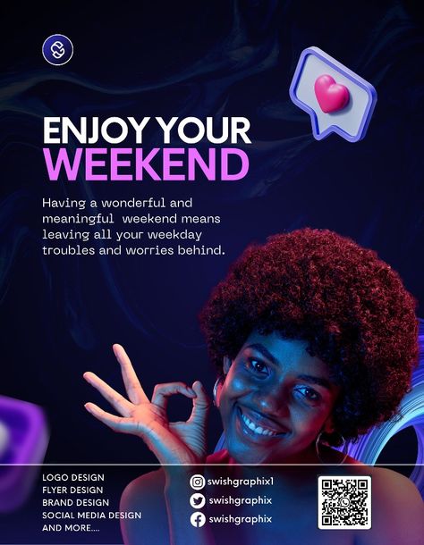 Having a wonderful and meaningful weekend means leaving all your weekday troubles and worries behind." Enjoy your weekend fam💜🤍 Follow us for more content: @swishgraphix @swishgraphix#weekend #weekendvibes #enjoy #vibes #graphicdesign #graphicdesigner #contentcreator #illustration #love #instagood #fashion #photooftheday #photography #art #beautiful #nature #picoftheday #happy #follow Weekend Social Media Design, Weekend Design, Animal Pictures For Kids, Illustration Love, Enjoy Your Weekend, Social Media Design Inspiration, Take Control, Happy Weekend, Art Beautiful