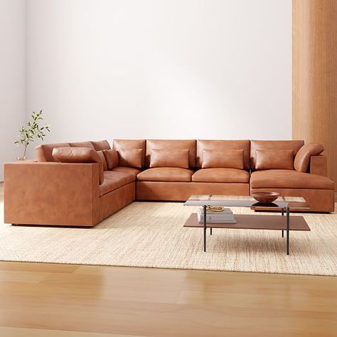 Harmony Modular Leather Sectional | Sofa With Chaise Leather Cloud Couch, Brown Leather Living Room Furniture, Brown Leather Living Room, Tan Leather Sectional, Leather Sectional Living Room, Orange Leather Sofas, Modern Couches, Brown Leather Couch Living Room, Leather Couch Sectional