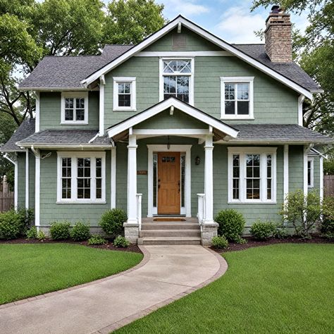 Exterior Sage Green House Colors, Green House Door Color Ideas, Exterior Green House Colors, 1940s House Exterior, Victorian Exterior Color Schemes, Sage Green Exterior House Colors, Light Green House, Green Exterior House, Exterior Home Makeover