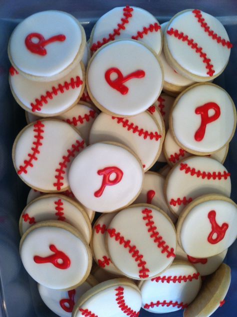 Phillies Birthday Party Ideas, Phillies Birthday Party, Phillies Cookies, Phillies Party, Baseball Tailgate, Baseball Theme Party, Phillies Baseball, Baseball Party, Baseball Theme