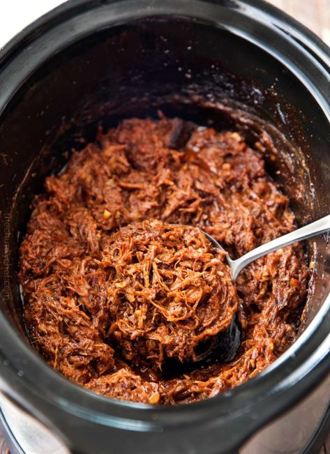 Crockpot Shredded Beef Barbecue - The Chunky Chef Bbq Shredded Beef Sandwiches, Pulled Beef Roast Crockpot Recipes, Barbecued Beef Sandwiches, Bbq Beef Stew Meat Crockpot, Chopped Beef Recipes Bbq, Bbq Pulled Beef Crockpot, Barbeque Beef Crockpot, Bbq Stew Meat Recipes, Barbeque Beef Sandwiches