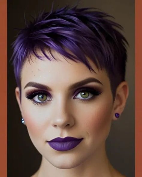 💜 Cute Razor, Purple Pixie Cut, Razor Cut Hairstyles, Razor Cut Hair, Textured Pixie, Edgy Short Haircuts, Purple Pixie, Bold Women, Buzz Cuts