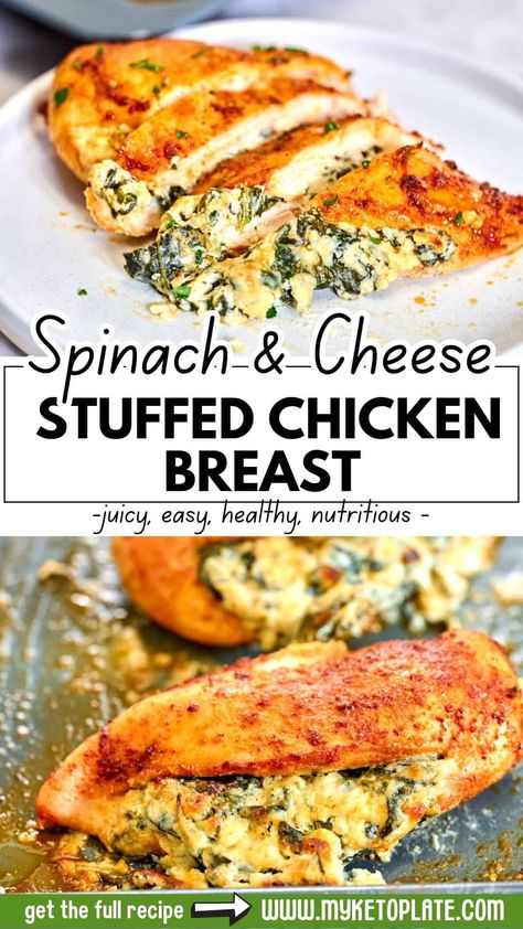 This Spinach and Cheese Stuffed Chicken Breast is a popular and easy dinner recipe. It features chicken breasts filled with creamy spinach and cheese, baked to perfection for a delicious and juicy meal. Plus, it's low in carbs, making it perfect for a keto-friendly, low-carb dinner. Cream Cheese Spinach Stuffed Chicken, Breaded Stuffed Chicken Breast, Spinach And Cheese Stuffed Chicken, Healthy Stuffed Chicken, Spinach Stuffed Chicken Breast Recipes, Chicken And Spinach Casserole, Chicken Spinach Recipes, Baked Chicken Cutlets, Spinach Recipes Healthy