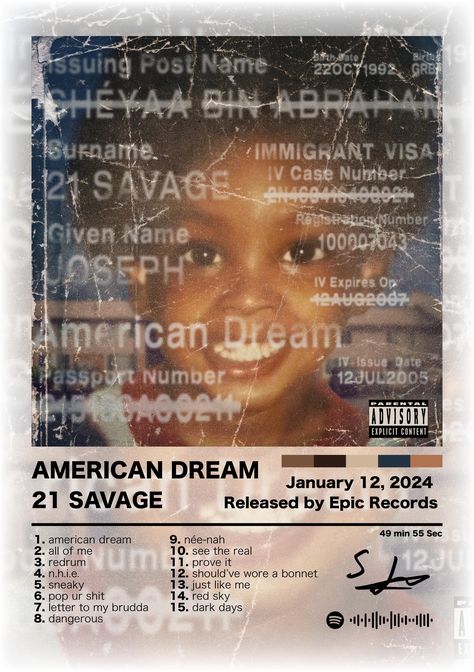 "American Dream" by 21 Savage Album Cover Poster - A Bold Statement for Hip-Hop Lovers Celebrate the gritty, raw energy of 21 Savage's American Dream with this striking poster. Featuring the intense, thought-provoking album cover, this high-quality print brings the essence of 21 Savage's music to life. Perfect for fans who appreciate bold visuals and hard-hitting rap, this poster adds a modern, edgy touch to any space. Shordie Shordie Album Cover, American Dream 21 Savage, Sir Album Cover, Uk Rap Aesthetic, Cover Album Rap, 21 Savage Album Cover, Savage Album Cover, Rap Album Covers Aesthetic, Liana Aesthetic