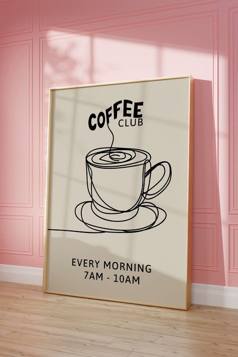 Bring a touch of retro charm to your kitchen or dining space with this "Coffee Club" art print. The illustration features a cozy coffee cup, inviting you to enjoy a warm, comforting breakfast every morning from 7am to 10am. The print's casual, friendly style adds a welcoming atmosphere to your home, reminding you to slow down and savor life's simple pleasures.  It's perfect for coffee lovers, foodies, or anyone who appreciates the joy of starting the day with a lovely breakfast. Product Details: Retro Coffee Poster, Cafe Decor Ideas Wall Art, Coffee Illustration Art, Comforting Breakfast, Breakfast Illustration, Coffee Posters, Kitchen Decor Retro, Coffee Designs, Illustration Kitchen