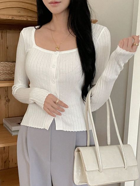 Women's Crew Neck Long Sleeve Button-Up Solid Color Casual Sweater White Casual  Long Sleeve Knitwear Plain Basic Tops High Stretch  Women Clothing, size features are:Bust: ,Length: ,Sleeve Length: Casual Sweaters Women, Casual Sweater, Women Sweaters, Sweater White, Elegant Dresses Long, Button Up Top, Casual Sweaters, Basic Tops, White Casual