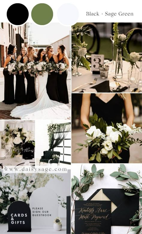 23 Black Wedding Color Themes for 2024 / 2025 - Daisy Sage Sage Gold Black Wedding, Black And Green Fall Wedding, Magnolia Wedding Theme Color Palettes, Black And White Colour Scheme, Black White Gold Sage Green Wedding, Dark Grey Wedding Theme, Black And White And Green Wedding, Black And Sage Green Wedding, Green Black And White Wedding