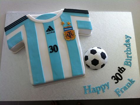 Argentina Soccer Jersey - Jersey and Ball are both mudcake and covered in ganache and fondant. Soccer Jersey Cake Ideas, Messi Jersey Cake, Soccer Jersey Cake, Argentina Soccer Team, Messi Birthday, Soccer Bedroom, Soccer Theme Parties, Jersey Cake, Football Birthday Cake