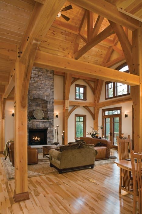 Post And Beam Interiors, Timber Frame Great Room, Post And Beam House, Post And Beam Barn, Post And Beam Home, Timber Frame House, Rock Fireplaces, Rustic Home Design, Timber Frame Homes