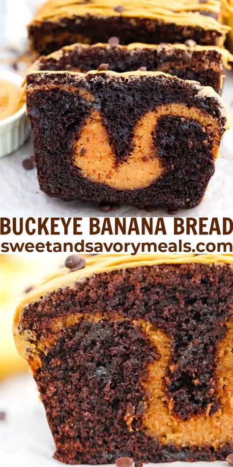 Buckeye Banana Bread is filled with a peanut butter swirl and a rich chocolaty banana bread filled with chocolate chips! Unique Banana Bread Recipes, Peanut Butter Apple Banana Bread, Chocolate Loaf Bread, Banana Bread Swirl, Reese’s Peanut Butter Monkey Bread, Peanut Butter Chocolate Chip Banana Loaf, Bourbon Banana Bread, Mary Berg Chocolate Swirl Banana Bread, Peanut Butter Banana Bread