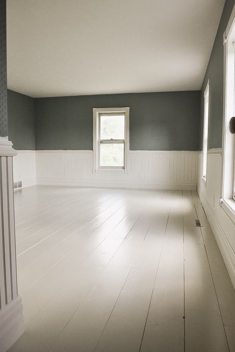 Guest Bedroom Floor Makeover - Liz Marie Blog White Painted Floors Bedroom, Bm Tapestry Beige, Tapestry Beige, Painted Wooden Floors, Painted Floorboards, Cottage Flooring, Best Gray Paint Color, Country Living Fair, Painted Wood Floors