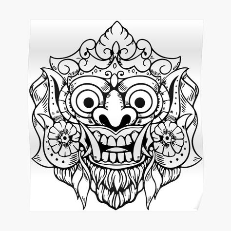 "Barong, Bali Demon Mask" by Daily Merch | Redbubble Rangda Bali Art, Jaguar Reference, Barong Art, Bali Drawing, Bali Illustration, Bali Mask, Animal Stencil Art, Barong Bali, Hindu Tattoo