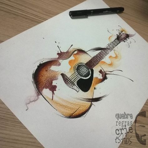 Akvarel Illustration, فن الرسم بالمسامير, Guitar Illustration, Guitar Drawing, Music Drawings, Guitar Painting, Music Tattoos, Guitar Art, Music Design