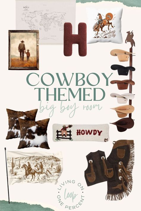 Is your son ready to transition from a nursery to a big boy room? And does he want a cowboy theme for his rodeo loving heart? Then you've come to the right place! We designed this room for our son to grow with him and I think it turned out so well! Check out my blog here for everything we used - from paint, to furniture, to decor. Get started on your own western transformation today! He'll love it and you will too! Boys Cowboy Room, Western Boys Room, Western Kids Rooms, Cowboy Nursery Theme, Vintage Cowboy Nursery, Cowboy Art Western, Room For Boys, Cowboy Bedroom, How To Whitewash