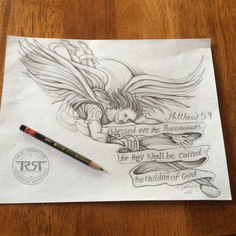 Another tattoo design done which incorporated Saint Michael and the verse from Matthew 5:9- “Blessed are the Peacemakers for they shall be called the children of God.” This was done for @alexwarren57 . See more at www.trustkommittee.com  #saintmichael #drawing #illustration #matthew #God #faith #wings #drawing #tattoo #sword #trustkommittee #art #graphics Blessed Are The Peacemakers Tattoo, Wings Drawing Tattoo, Mathew 5, Blessed Are The Peacemakers, Wings Drawing, Matthew 5, Drawing Tattoo, Saint Michael, Tattoo Stencils