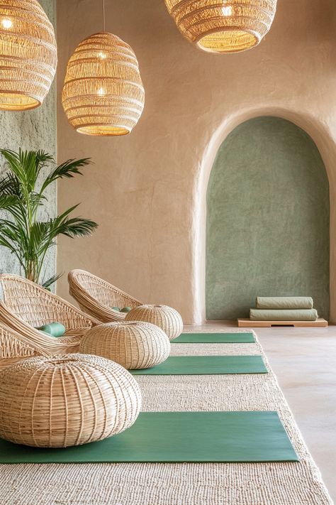 36 Luxury Features for High-End Boutique Yoga Studios - TastyInteriors Tulum Yoga Studio, Luxury Yoga Studio Interior Design, Wabi Sabi Yoga Studio, Yoga Studios Design, Small Yoga Space, Yoga Furniture, Yoga Space Design, Small Yoga Studio, Yoga Studio Interior