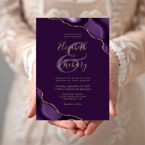 $2.92 | Purple Gold Agate Corners Plum Wedding #elegant, modern, handwriting script, trendy, marble, agate corners, gold faux glitter, amethyst purple plum violet, dark moody, teal blue turquoise Dark Wedding Invitations, Plum Wedding Invitations, Plum Background, Purple Wedding Decorations, Teal Wedding Invitations, Handwriting Script, Plum Wedding, Elegant Modern Wedding, Afternoon Wedding