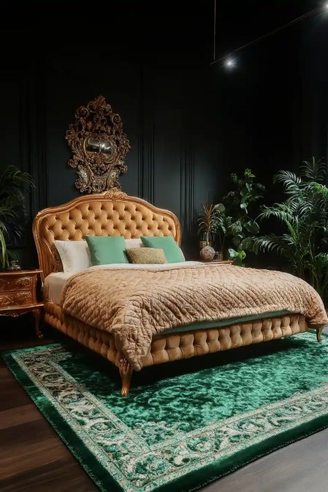 21 Stylish Emerald Green and Gold Bedroom Ideas Emerald Green And Gold Bedroom, Lodge Style Bedroom, Green And Gold Bedroom Ideas, Green And Gold Bedroom, Gold Bedroom Ideas, Emerald Green And Gold, Gold Bedroom, Lodge Style, Color Scheme