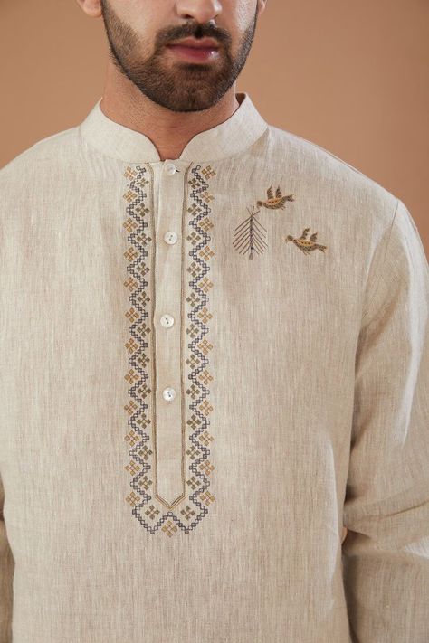 Man Kurta Embroidery Design, Men Kurta Neck Embroidery Designs, Mens Kurta Embroidery Designs, Embroidery Kurta For Men, Traditional Indian Mens Clothing, Latest Kurta Designs, Khadi Kurta, Indian Wedding Clothes For Men, Embroidery Kurta