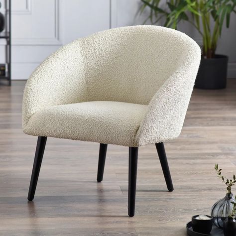 Elevate your living space with the Amari Boucle Accent Chair—a blend of contemporary design and timeless elegance. With its stunning curved form and luxurious ivory boucle fabric, this accent chair brings a bright, inviting look to any room. Whether you're lounging, working, or relaxing with friends, the Amari offers both comfort and style. Perfect for modern, chic interiors! Shop Today 🔗https://www.oakavia.com/products/amari-boucle-accent-chair-ivory #HomeDecor #InteriorDesign #AccentChai... Boucle Accent Chair, Tub Design, Fabric Accent Chair, Arm Chair Table, Boucle Fabric, Curve Design, Bedroom Chair, Black Legs, Barrel Chair