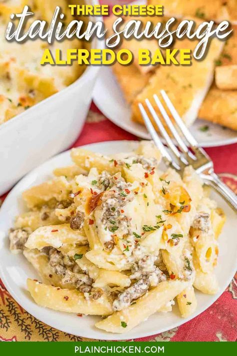 Three Cheese Italian Sausage Alfredo Bake - great make-ahead pasta dish. Penne pasta, alfredo sauce, sour cream, ricotta, garlic, Italian sausage, eggs, parmesan, and mozzarella cheese. SO good!! We make this at least once a month! Can freeze half for later. This is THE BEST pasta casserole we've ever eaten!!! #casserole #freezermeal #pasta #sausage #alfredosauce Macaroni Alfredo, Italian Sausage Alfredo, Sausage Alfredo Bake, Casserole With Hashbrowns, Breakfast Casserole With Hashbrowns, Baked Pasta Casserole, Sausage Alfredo, Chicken Freezer, Alfredo Bake