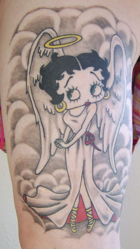 ANGEL Tattoos | ... Boop Angel Tattoo wearing a long white gown with angel wings and halo Guardian Angel Tattoo Designs, Betty Boop Tattoos, Guardian Angel Tattoo, Nurse Tattoo, Angel Tattoos, Biker Tattoos, Angel Wings Tattoo, Angel Tattoo Designs, Flash Tattoo Designs