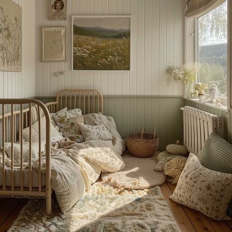 Garden Theme Toddler Room, Cottagecore Toddler Room, Cottage Baby Nursery, Cottage Nursery Room Inspiration, Green Childrens Bedroom, Cottagecore Kids Room, Children’s Room, English Cottage Nursery, Green Wall Nursery