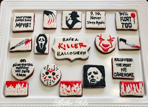 Slasher/horror movie decorated Halloween sugar cookies Scary Movie Cookies Decorated, Scream Movie Cookies, Horror Themed Cookies, Horror Movie Cookies Decorated, Horror Cookies Decorated, Horror Movie Birthday Party Ideas, Horror Baby Shower Ideas, Horror Movie Cookies, Horror Movie Birthday Party