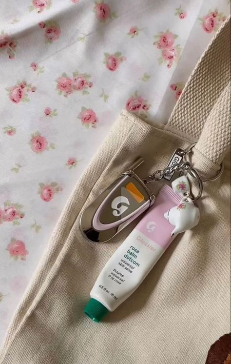 Glossier Lip Balm Keychain, Lip Balm Keychain Aesthetic, Keychain Product Photography, Glossier Keychain, Rose Balm Dotcom, Glossier Rose Balm Dotcom, Lip Balm Keychain, Glossier Bag, Glossier Lip Balm