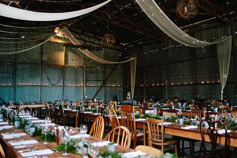 REAL WEDDING: Ella + Lucas - Sandridge Estate - WedShed Wedding In Garage Receptions, Metal Shop Wedding Reception, Machine Shed Wedding Reception, Garage Wedding Reception Decor, Garage Wedding Reception, Shed Wedding Reception, Garage Wedding, Hangar Wedding, Farm Wedding Reception