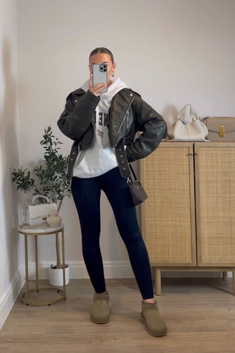 Jumper And Leather Jacket, Leggings With Leather Jacket Outfit, Styling Zara Leather Jacket, Outfits For Leather Jackets, Leather Jacket Leggings Outfit, Leggings Leather Jacket Outfit, Leather Jacket And Sweater Outfit, Leather Jacket And Leggings Outfit, Black Zara Leather Jacket Outfit