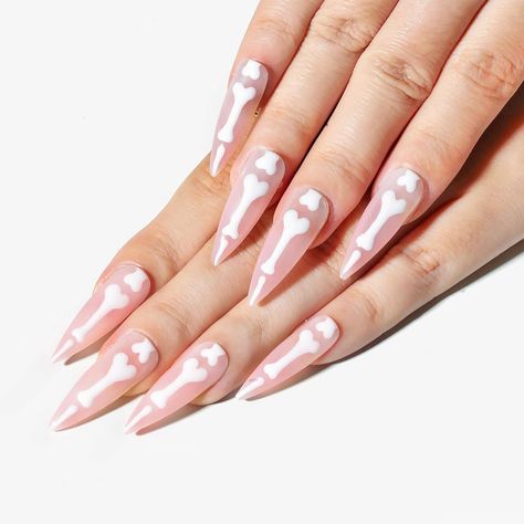 Sun&Beam Nails Handmade Press-on Long Almond Stiletto Pink White Halloween Glow In Dark Skeleton Finger Design False Nail Tips 10 Pcs (#127 L) Skeleton Finger, Almond Stiletto, Dark Skeleton, Finger Design, Halloween Press On Nails, White Halloween, Fingers Design, Glow In Dark, False Nail