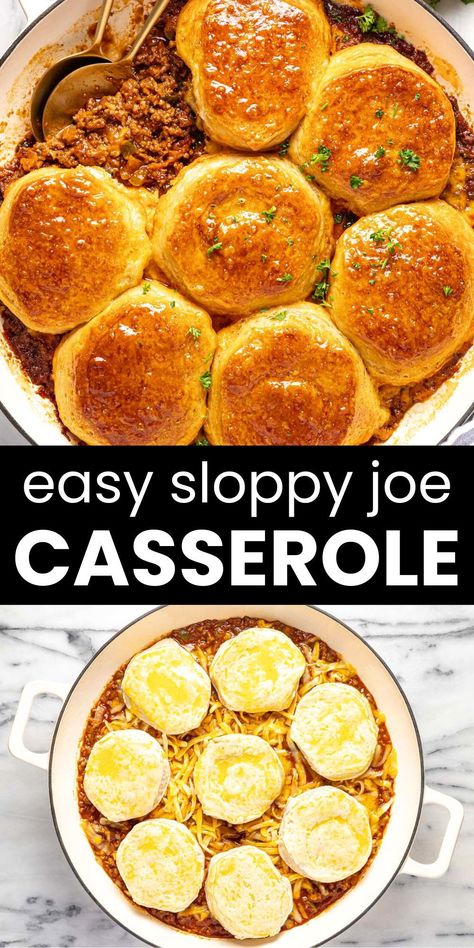 This sloppy joe casserole is a one-pan meal that comes together in 45 minutes. It’s loaded with the nostalgic flavors of classic sloppy joes but in casserole form, topped with buttery biscuits. This quick and easy meal is the perfect way to take your family dinner to the next level! Jimmy Dean Ground Sausage Recipes, Recipes With Ground Beef And Biscuits, One Pan Dinners Ground Beef, Sloppy Joe Casserole With Biscuits, Sloppy Joe Biscuit Casserole, What To Serve With Sloppy Joes, Poor People Meals, Big Batch Meals, Sloppy Joe Bake