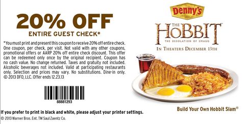 Denny Printable Coupon Dennys Coupons, Restaurant Deals, Guest Check, Printable Coupons, 20 % Off, Online Stores, The Hobbit, Special Offer, Coupon Codes