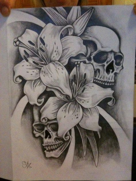 Lilly Tattoo Design, Lilly Tattoo, Skull Tattoo Flowers, Lillies Tattoo, Lily Tattoo Design, Jersey Ideas, Skull And Flowers, Theme Tattoo, Chicano Drawings