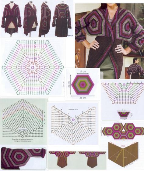 Poncho Haken, Diy Crochet Cardigan, Hexagon Crochet Pattern, Hexagon Cardigan, Crochet Cardigan Tutorial, Womens Jumpers, Step By Step Crochet, Crochet Hexagon, Crochet Tablecloth