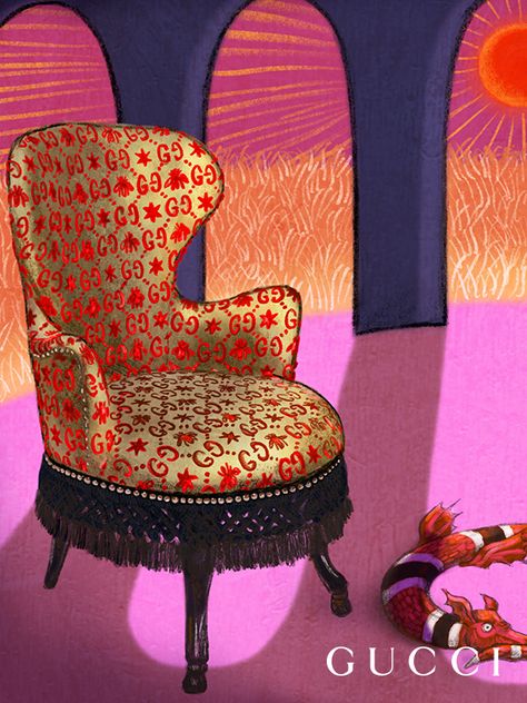 Armchairs and chairs enhanced by the GG pattern jacquard upholstery interspersed with bees and stars, accented by brass nail heads details. Download the Gucci App to personalize your spaces with new objects using Augmented Reality. Pedicure Chairs For Sale, Farmhouse Table Chairs, Big Chair, Interior Design Process, Eames Chairs, Pink Chair, Art Chair, Ad Campaigns, White Chair