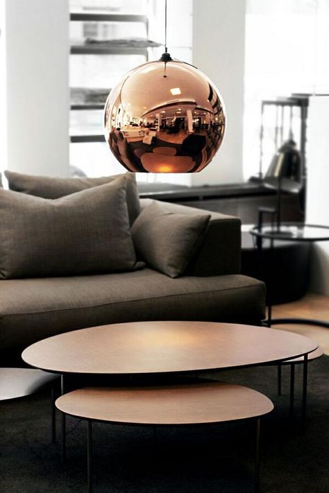 Tom Dixon Copper Shade pendant and Stua Eclipse table. Tom Dixon Copper, Copper Living Room, Copper Interior, Room Details, Mirror Ball, Tom Dixon, Nesting Tables, Over The Top, Interior Design Inspiration