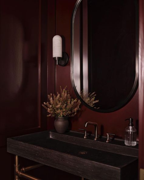 All Posts • Instagram Small Half Bathroom Ideas Luxe, Burgundy Powder Room, Red Powder Room, Brass Console Sink, Jewel Tone Bathroom, Dark Powder Room, Burgundy Bathroom, Small Half Bathroom, Southern Living Idea House