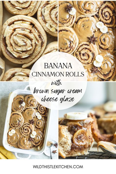 These Banana Cinnamon Rolls combine all of the nostalgic flavors of banana bread in a soft, tender, gooey cinnamon roll topped with an irresistible brown sugar cream cheese glaze. With bananas in the dough and rolled up in the filling, these cinnamon rolls are for the true banana lovers! #bananacinnamonrolls #bananabreadcinnamonrolls Banana Cinnamon Rolls, Banana Roll, Make Brown Sugar, Cream Cheese Glaze, Banana Nut, Cinnamon Banana, Banana Cream, Cinnamon Roll, Cinnamon Rolls