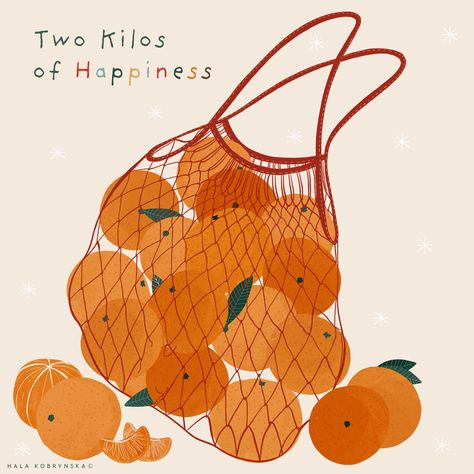 Illustration with net bag or mesh bag full of tangerines or clementines. Two kilos of happiness.  Christmas mood. Christmas Loading. Christmas card. Hygge post card. Weihnachten. Cozymood.  Tangerines illustration. Clementines illustration. Food illustration. Christmas Loading, Christmas Drawings, Illustration Christmas, Bag Illustration, Illustration Food, Food Illustration, Arte Sketchbook, Net Bag, Detailed Drawings