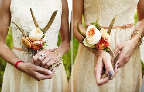 Single antlers accented with tiny bouquets of floral for bridesmaids? corsage alternates? chair accents on the aisle which can be removed and placed on tables? Deer Antler Wedding, Deer Wedding, Antler Wedding, Bridesmaid Bouquets, Boho Bridesmaid, Succulent Wedding, September Wedding, Desert Wedding, Deer Antler