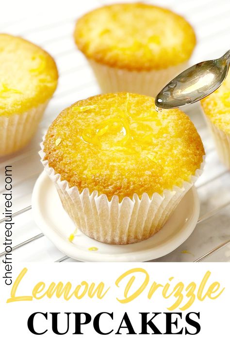 Lemon drizzle cupcakes are super simple and easy to make, a great recipe for the kids to help with! No need for mixing up frosting, the only decoration these little cakes need is the lemon syrup drizzled on top. Lemon Drizzle Cupcakes, No Bake Slices, Bakery Style Muffins, Citrus Recipes, Frozen Lemon, Lemon Syrup, Buttery Shortbread Cookies, Lemon Drizzle Cake, Lemon Drizzle