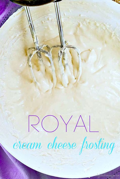 Royal Cream Cheese Frosting | I love this cream cheese frosting because it is light, not too sweet and has a slight zesty flavour. The frosting is quick and easy to prepare and will make a cheesecake, muffin or cupcake unforgettable. If you don’t have time to bake, spread the frosting over gluten-free raisin bagel, the combination is intoxicating. Enjoy! Cream Cheese Cookie Frosting, Cheesecake Muffin, Cream Cheese Icing Recipe, Icing Designs, Cinnamon Raisin Bagel, Cream Cheese Sugar Cookies, Icing Ideas, Frosting Recipes Easy, Cream Cheese Desserts