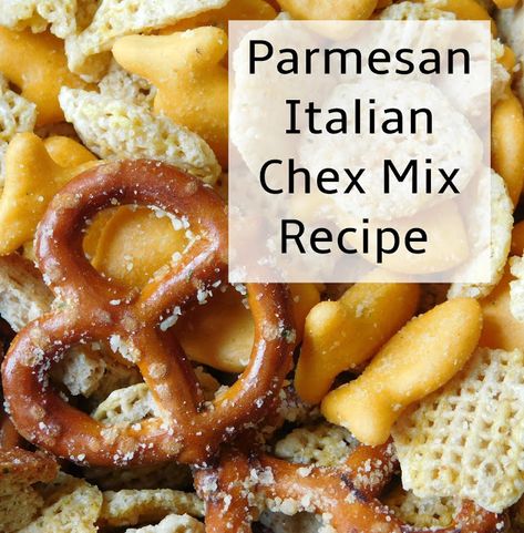 Parmesan Italian Chex Mix Recipe Cheesy Ranch Chex Mix, Savory Chex Mix Recipes, Savory Chex Mix, Ranch Chex, Ranch Chex Mix, Party Mix Recipe, Italian Snacks, Chex Mix Recipe, Cheesy Ranch