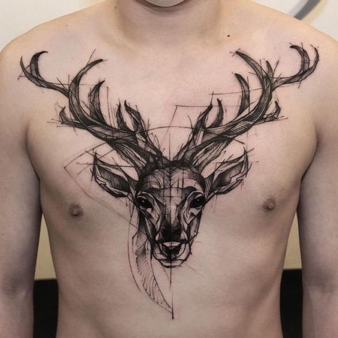 Chest Sketch, Black Eagle Tattoo, Doe Tattoo, Deer Tattoo Designs, Stag Tattoo, Hirsch Tattoo, Sketch Style Tattoos, Deer Drawing, Tattoo Me