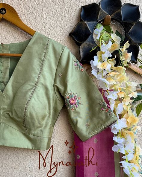 Embracing timeless elegance with this sage green blouse, adorned with delicate silk thread rose work and floral embroidery, paired with a rich temple border saree. Adding trims to elevate the cut, bringing sophistication and charm to any occasion. DM us to know more or to book a personal consultation today! #mynavathi✨️ #bespoketailoring #designandfashion #HandcraftedLuxury #bangloreboutique #designer #EthnicElegance #festivefashion #StatementEnsemble #TraditionalWithATwist #styleinspirat... Temple Border Saree, Sage Green Blouse, Border Saree, Bespoke Tailoring, Green Blouse, Silk Thread, Festival Fashion, Floral Embroidery, Sage Green